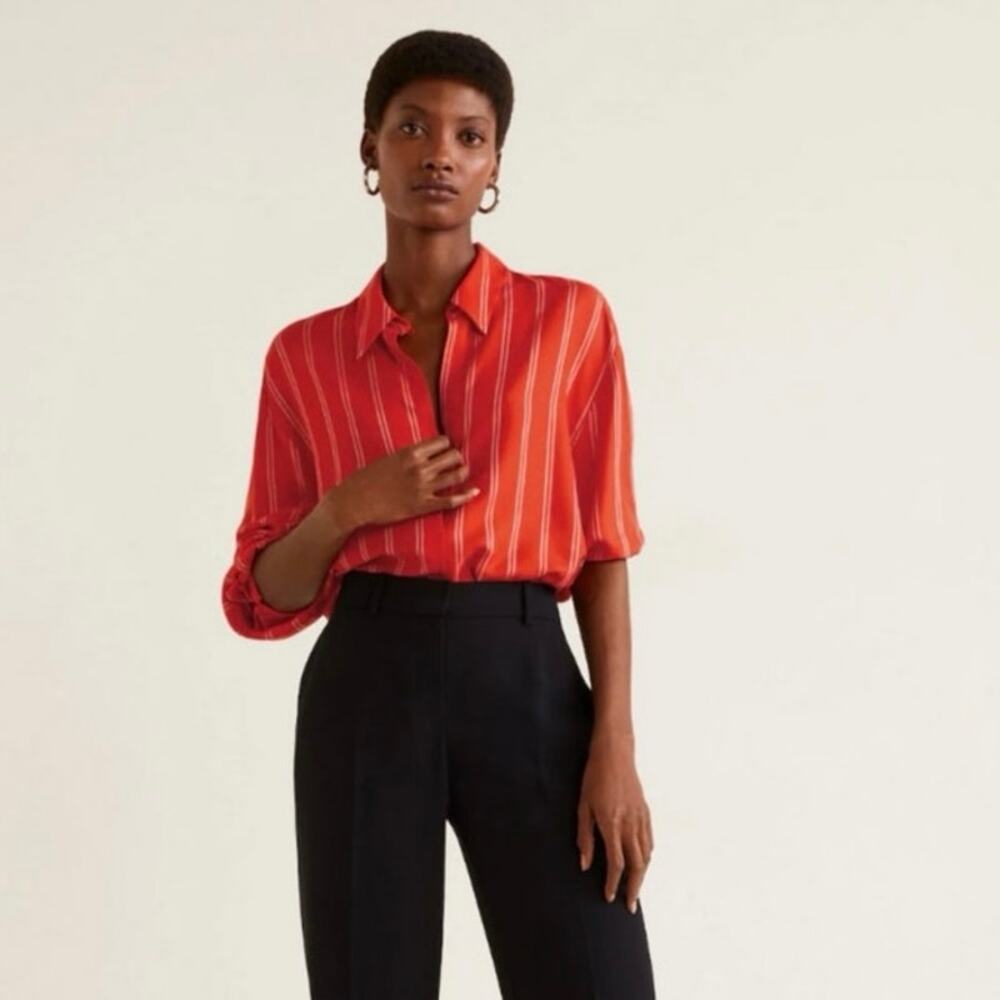 MNG Mango Women's Red Striped Print Long Sleeve Keyhole Blouse Shirt Top Size M